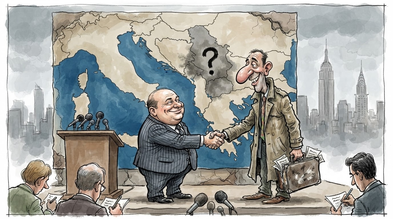Dy diplomatë që shtrëngojnë duar përpara hartës së Adriatikut, stil karikaturë pa tekst