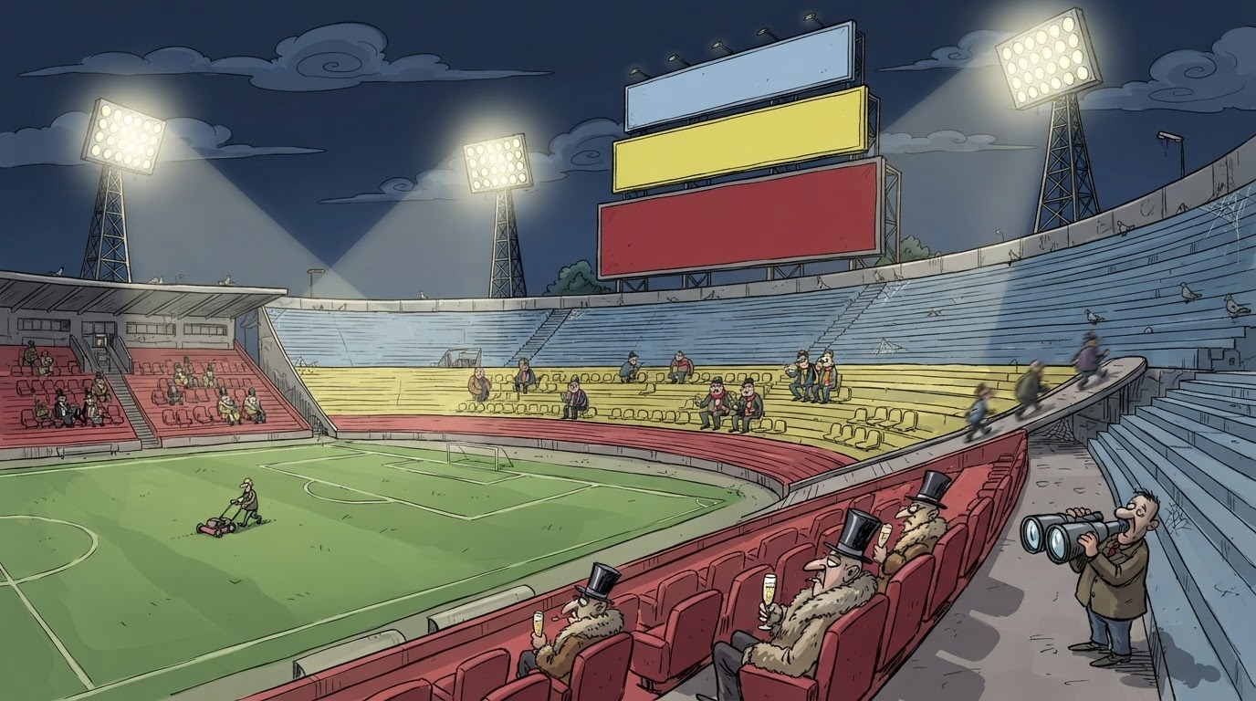 Stadium futbolli nën dritë, tribunë me tifozë, stil karikaturë pa tekst