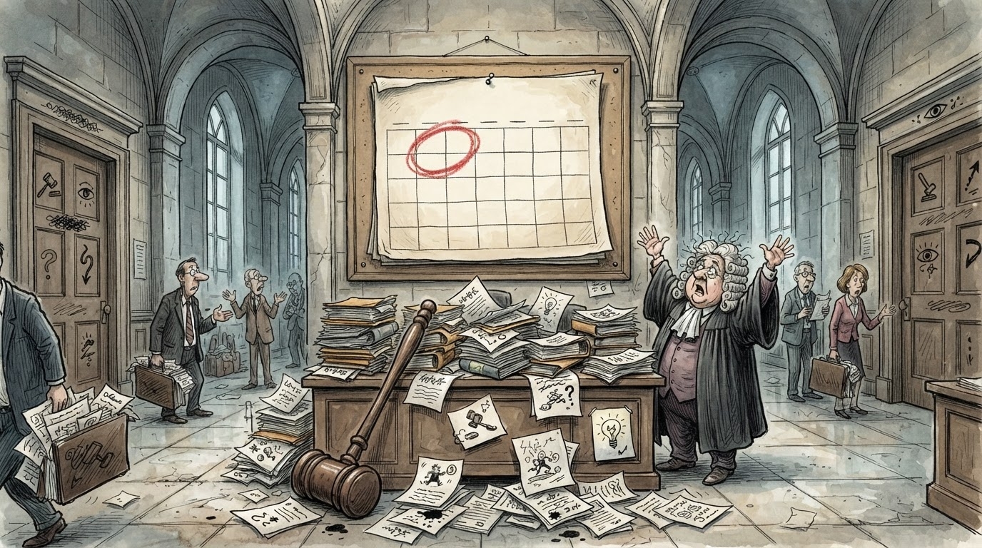 Ndërtesë e gjykatës me kalendar të madh në hyrje, datë e shënuar me stilolaps të kuq, stil karikaturë pa tekst