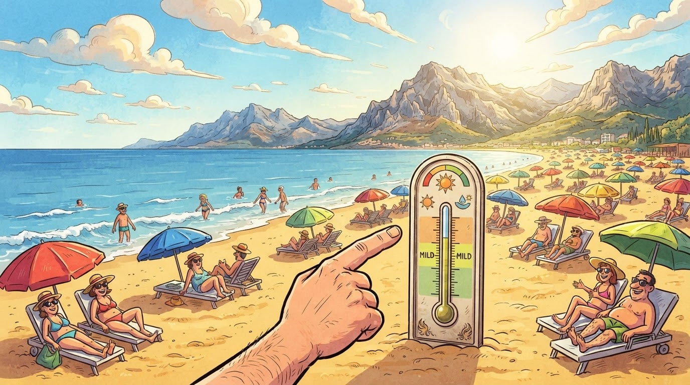 Plazh me rërë, çadra dielli dhe det të kaltër, stil karikaturë pa tekst