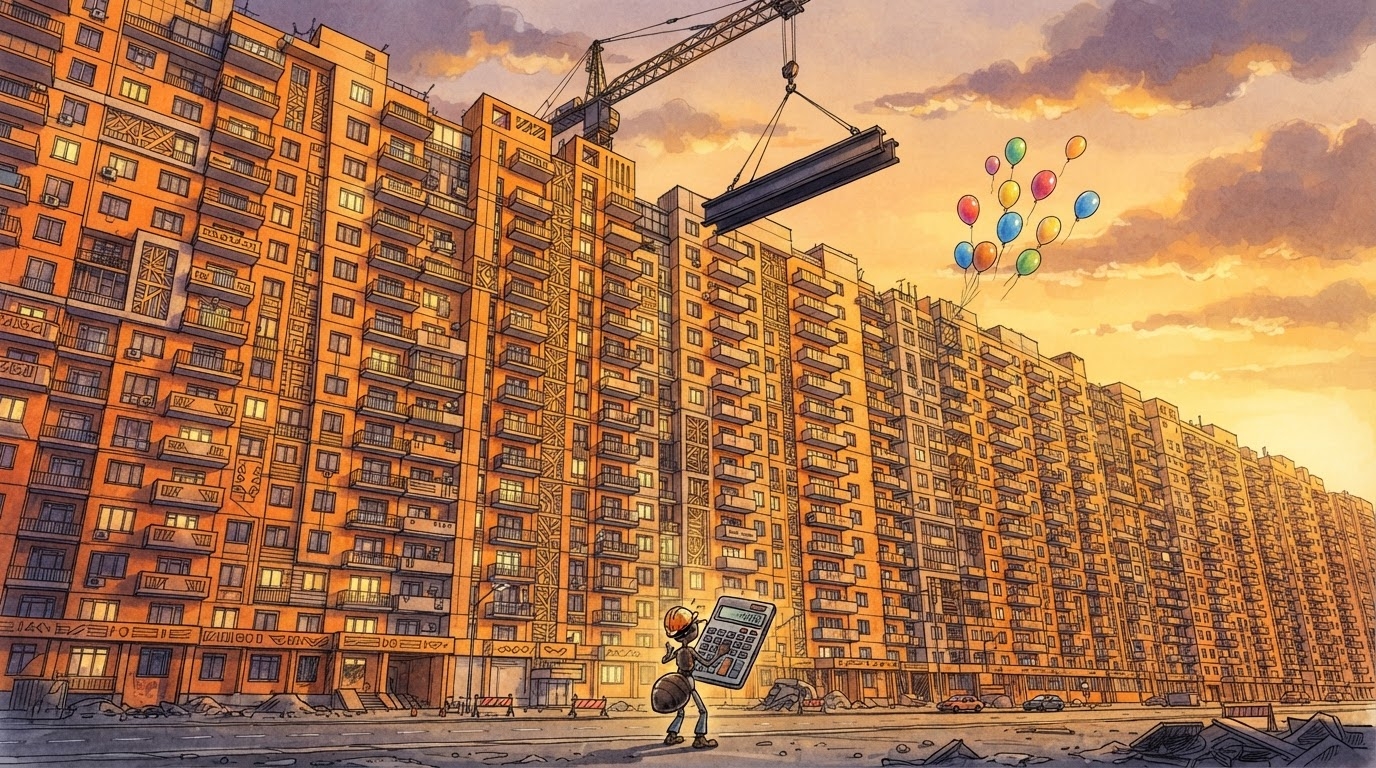 Bllok i ri pallatesh me avull nga çatia, krah i gjatë çeliku si vinç, stil karikaturë pa tekst