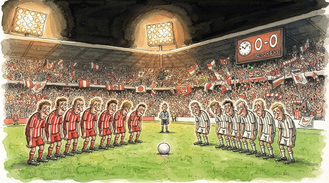 Stadium futbolli nën dritë natën, fushë e gjelbër me dy ekipe në formacion, tribunë plot me tifozë me flamuj, stil karikaturë pa tekst