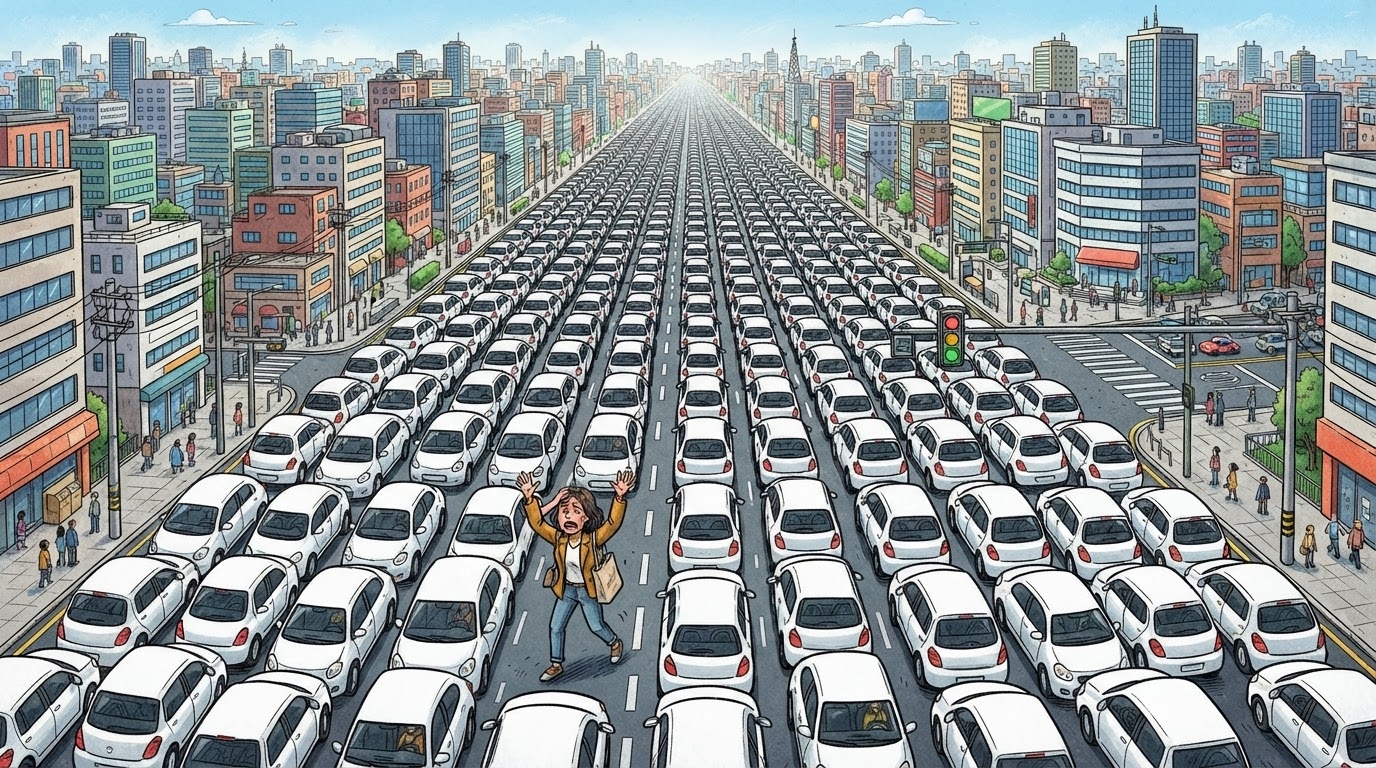 Rrugë e gjerë e Tiranës me radhë të gjatë makinash të reja të bardha, stil karikaturë pa tekst