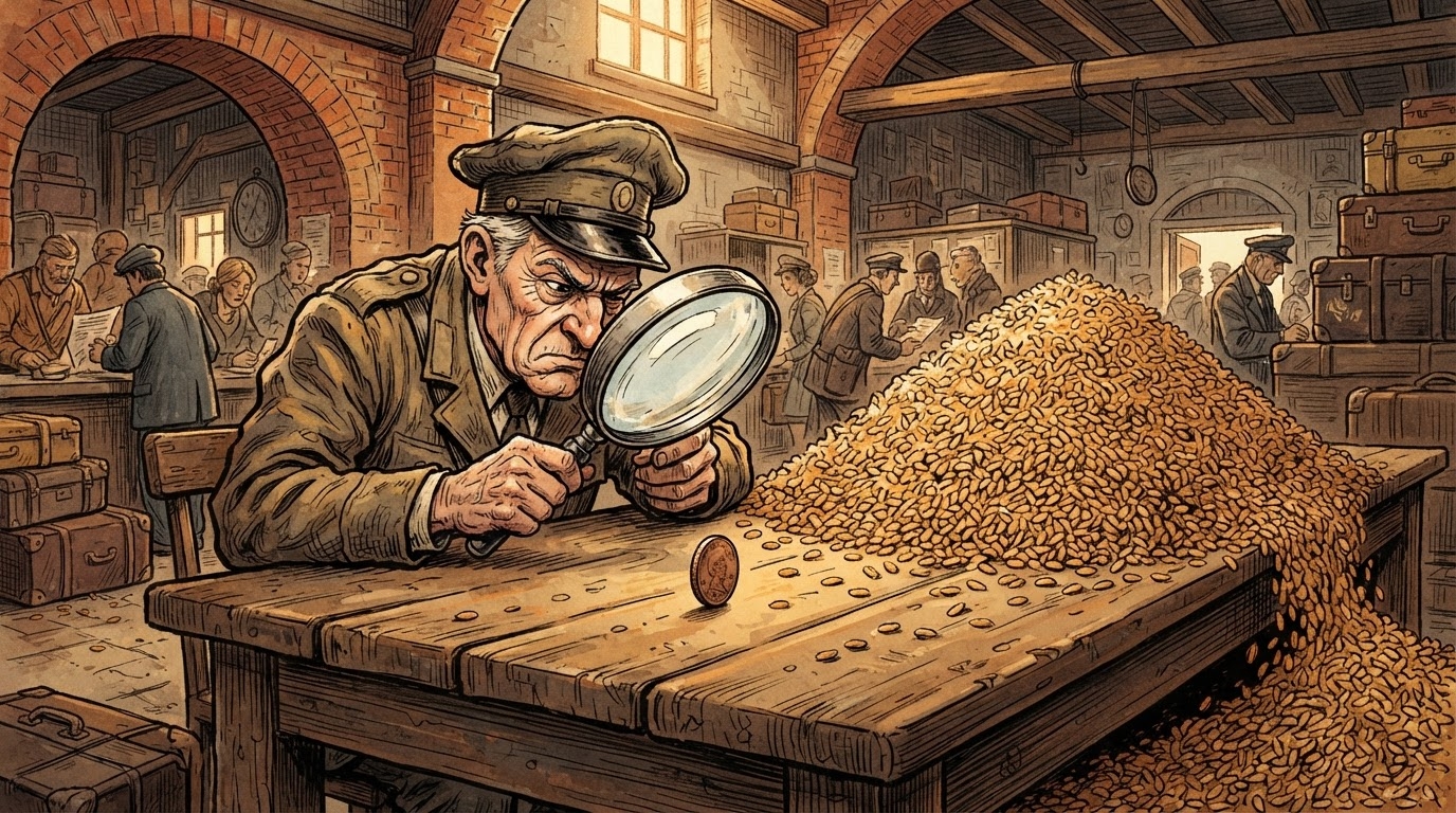 Grurë dhe monedha të vogla në tavolinë doganore, stil karikaturë pa tekst