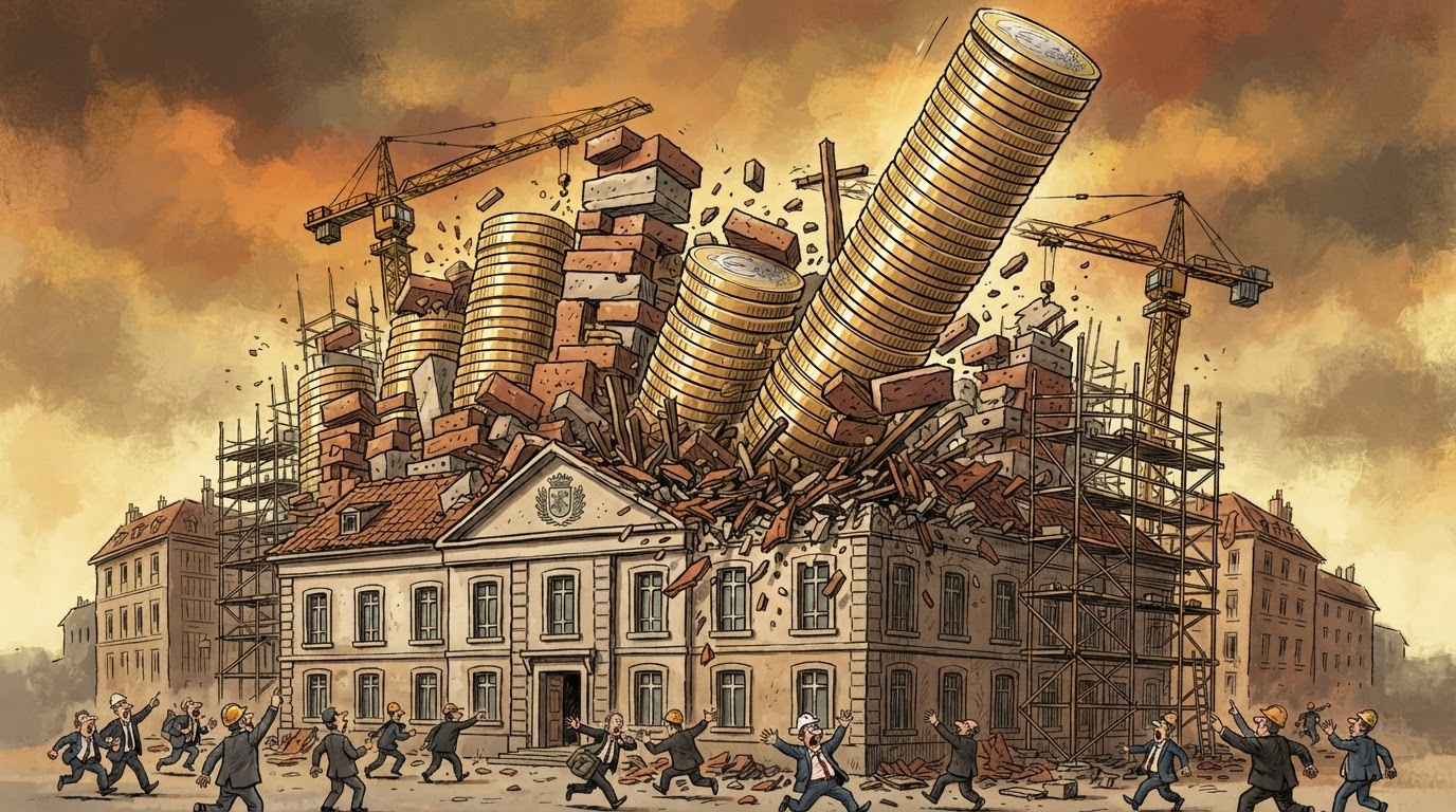 Tavolinë me shtylla grafiku që rriten dhe ndërtesa në ndërtim, stil karikaturë pa tekst