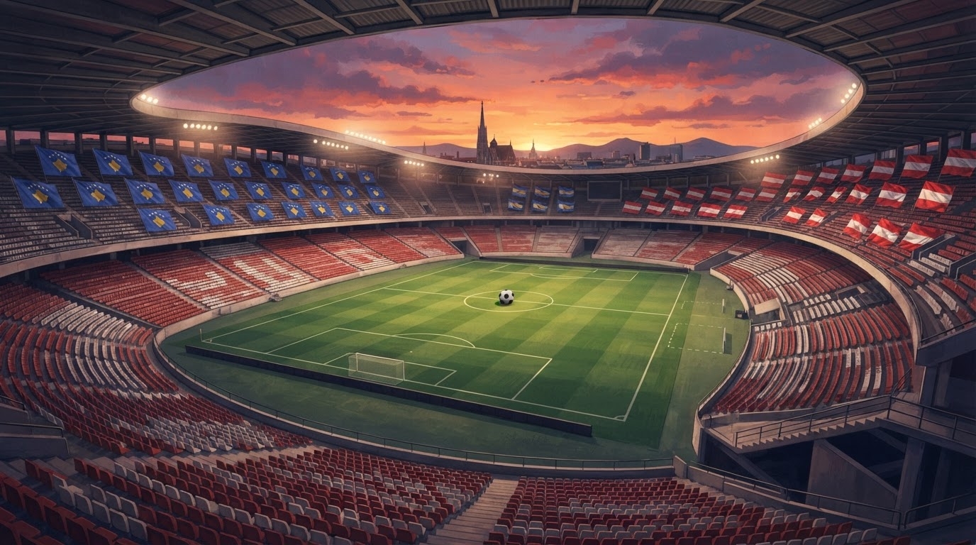 Stadium i boshatisur Ernst Happel në perëndim dielli, flamuj të Austrisë dhe Kosovës në tribuna të kundërta, stil karikaturë pa tekst