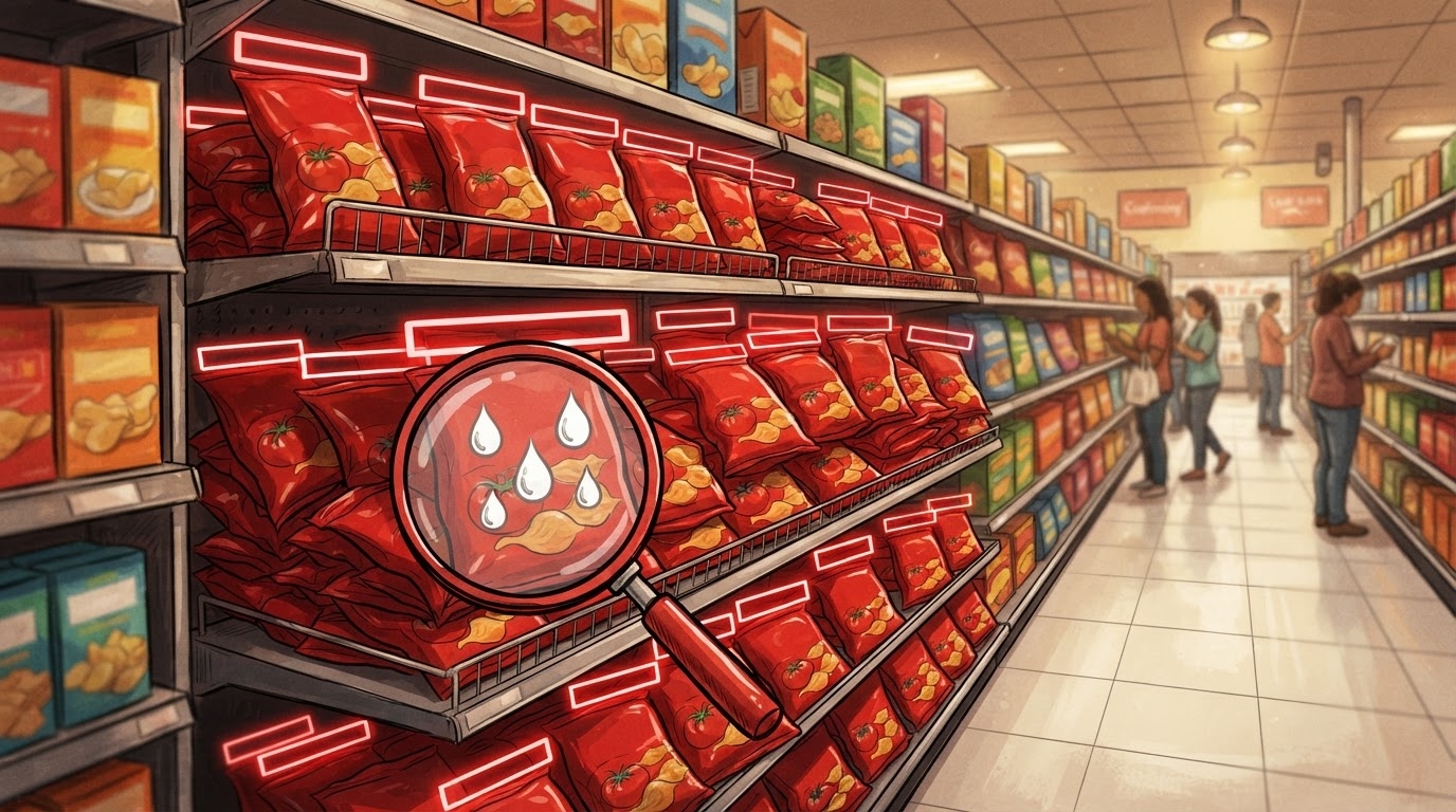 Raft supermarketi me qese të kuqe patatina Flips Ketchup, stil karikaturë pa tekst