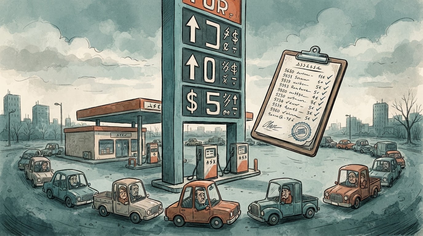 Pompë karburanti me tabelë çmimi gjigante, radhë e gjatë makinash, stil karikaturë pa tekst