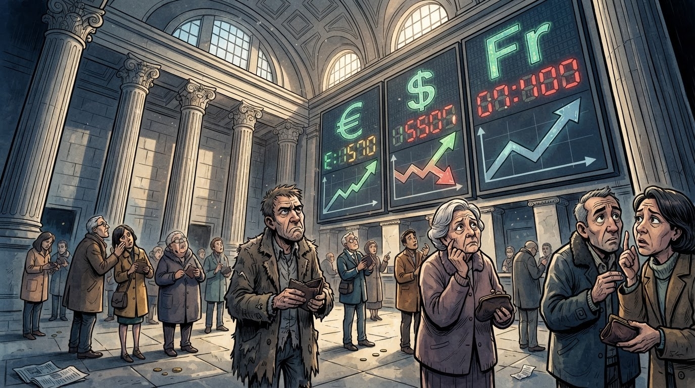 Banka qendrore me ekran gjigant qe tregon shifrat e kursit te valutave, stil karikature pa tekst