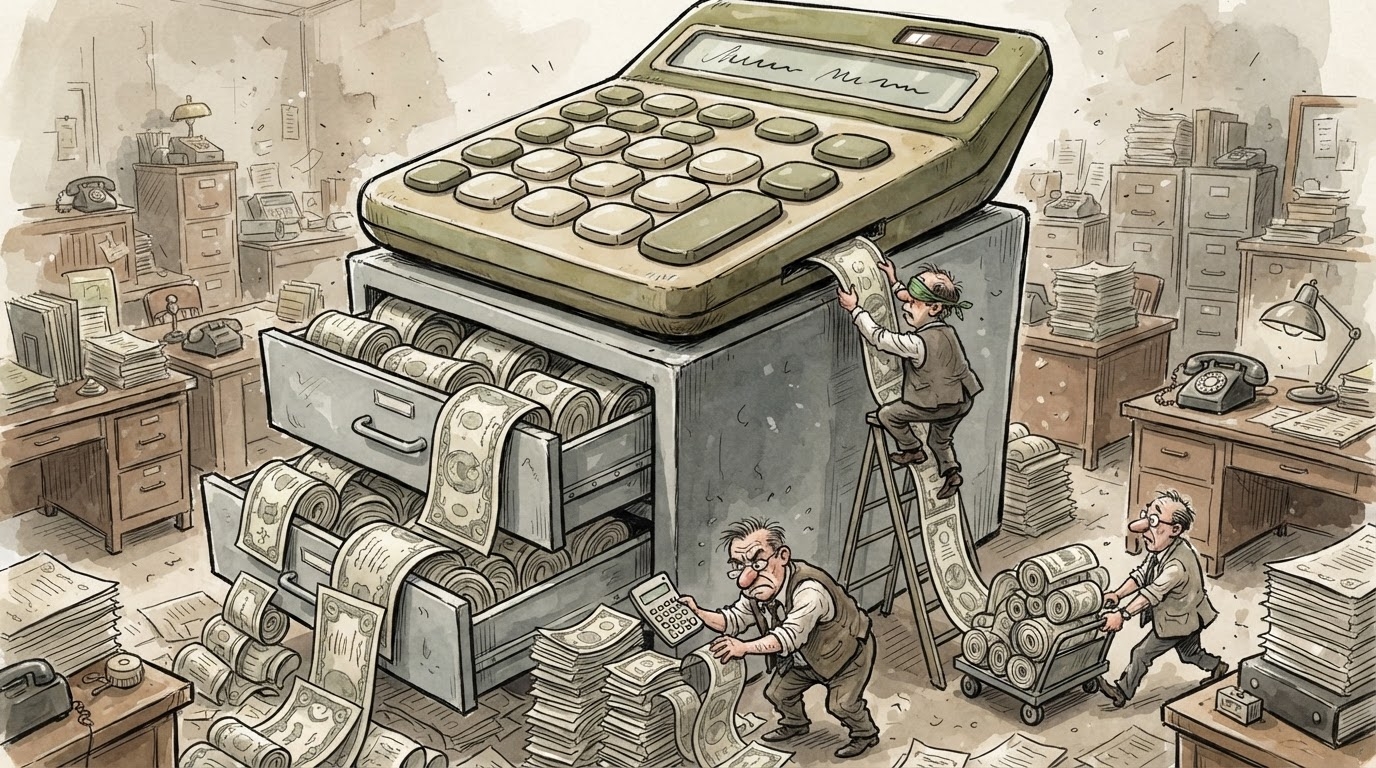 Kalkulator gjigant mbi një arkë me letra të gjata, persona që numërojnë monedha, stil karikaturë pa tekst