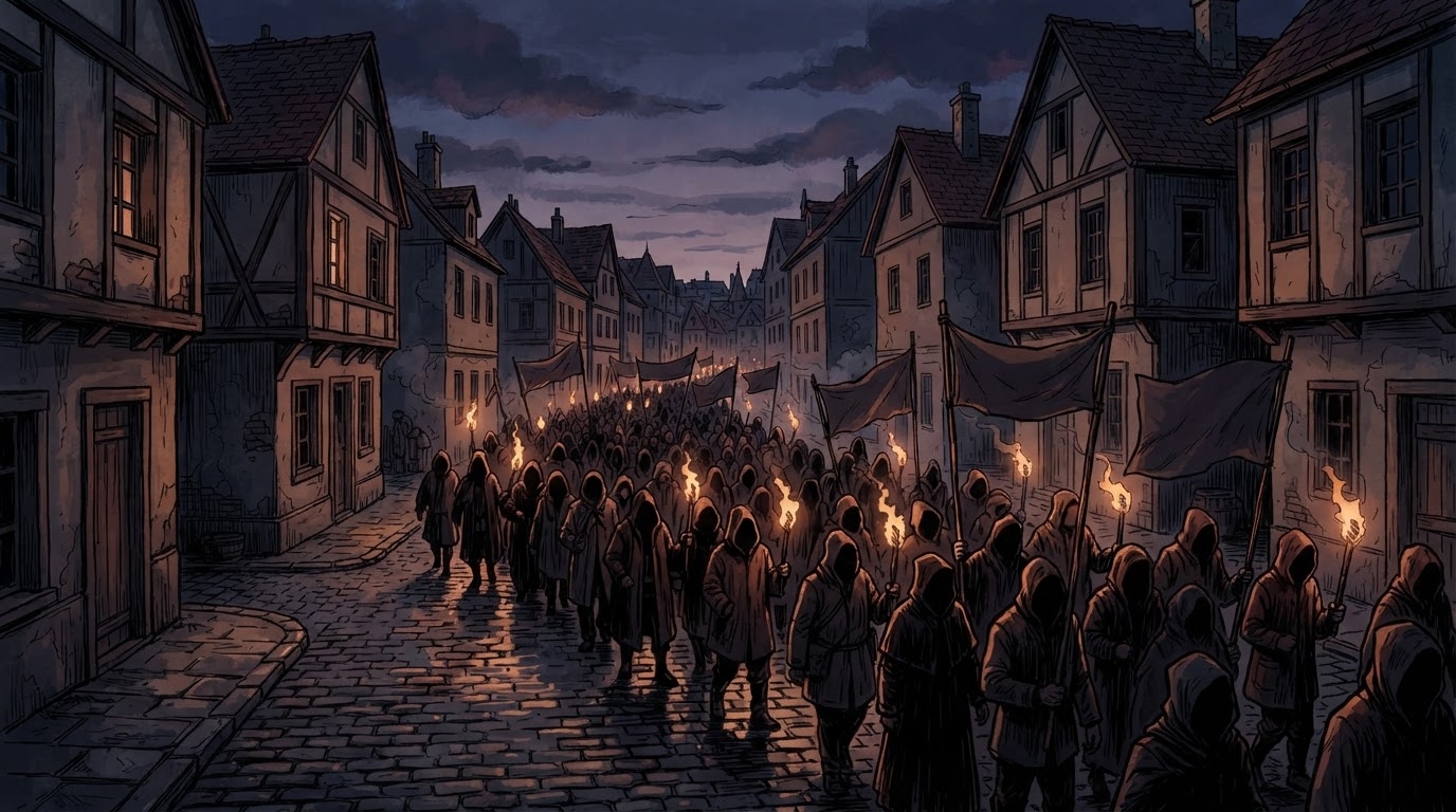 Grup njerëzish me pishtarë dhe flamurë të paidentifikueshëm duke marshuar në një rrugë të errët provinciale gjatë mbrëmjes