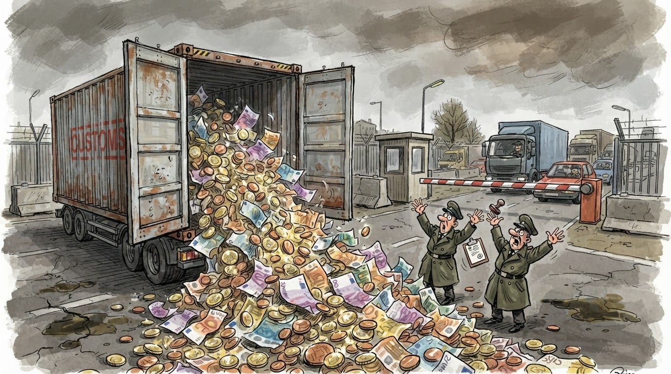 Grumbull i madh monedhash dhe kartmonedhash euro qe derdhen nga nje kontejner mallrash ne nje pike kufitare