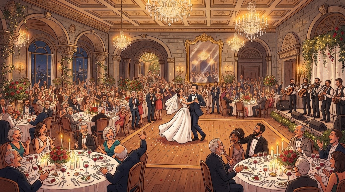 Ambient feste me flamuj kuq e zi, pjata të bardha në tavolinë, çift i ri në mes, stil karikaturë pa tekst