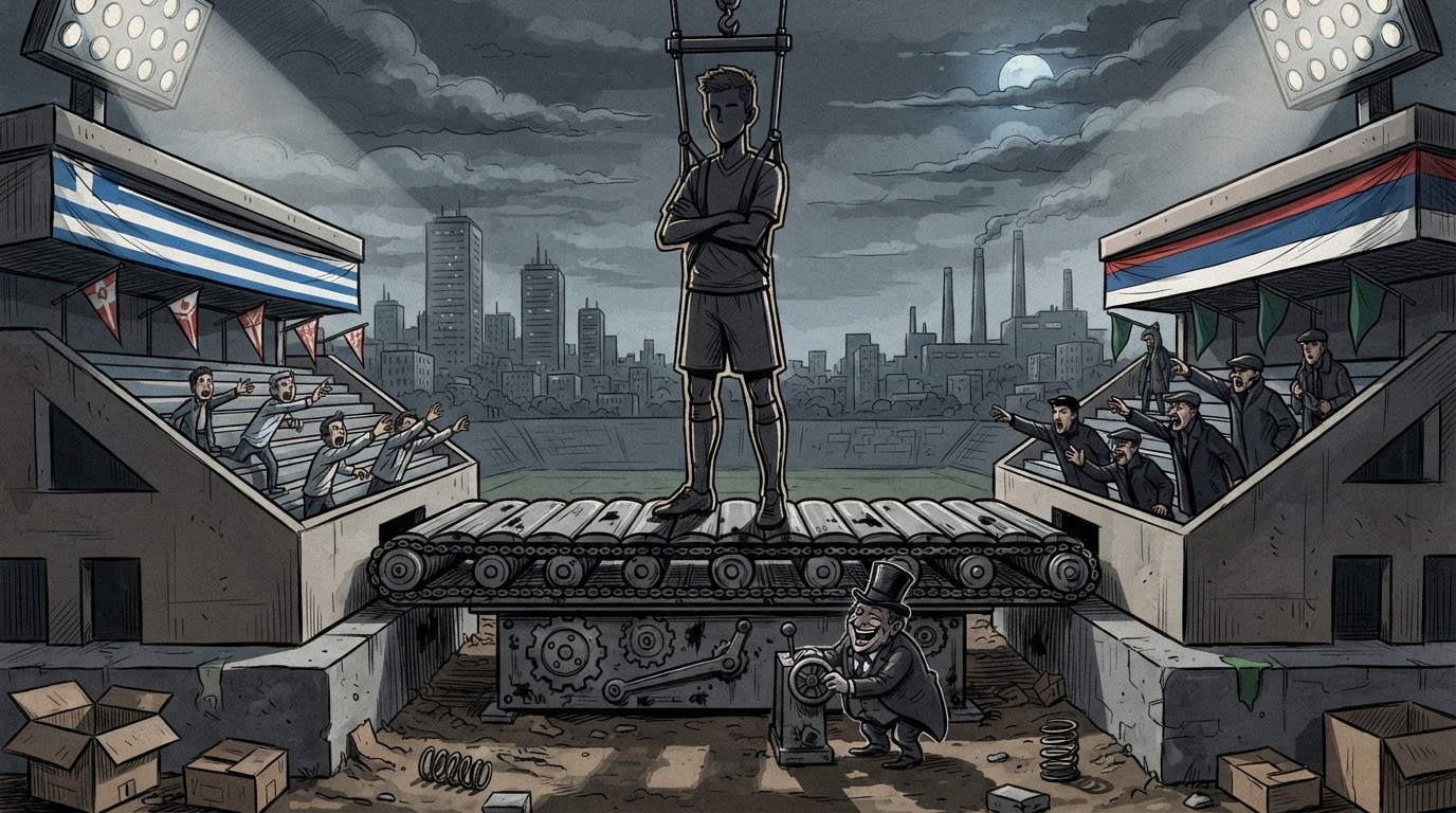 Siluetë e lartë e një sulmuesi futbolli duke kaluar si trofe mes dy stadiumesh miniaturë