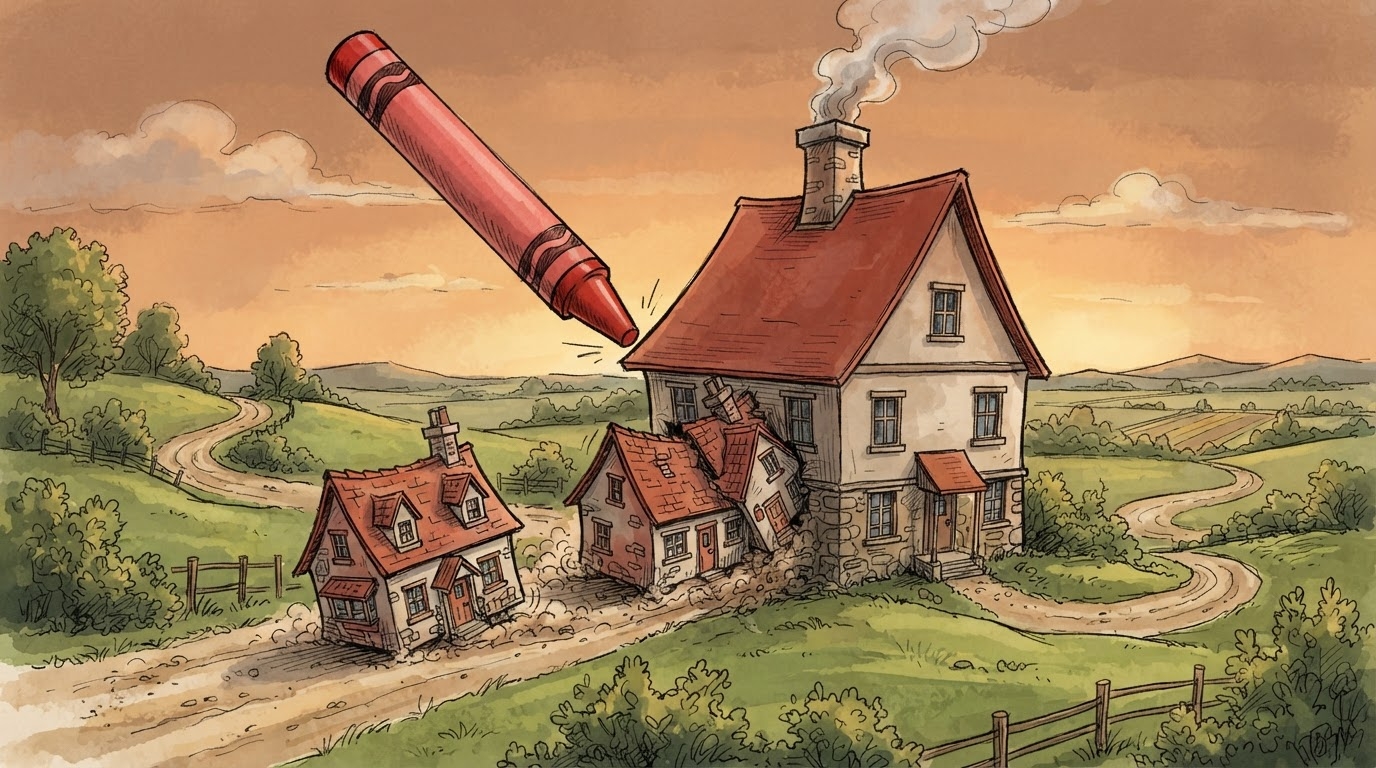 Harta e Shqipërisë me tre emra rrethore të bashkuara me një vijë të kuqe, stil karikaturë pa tekst