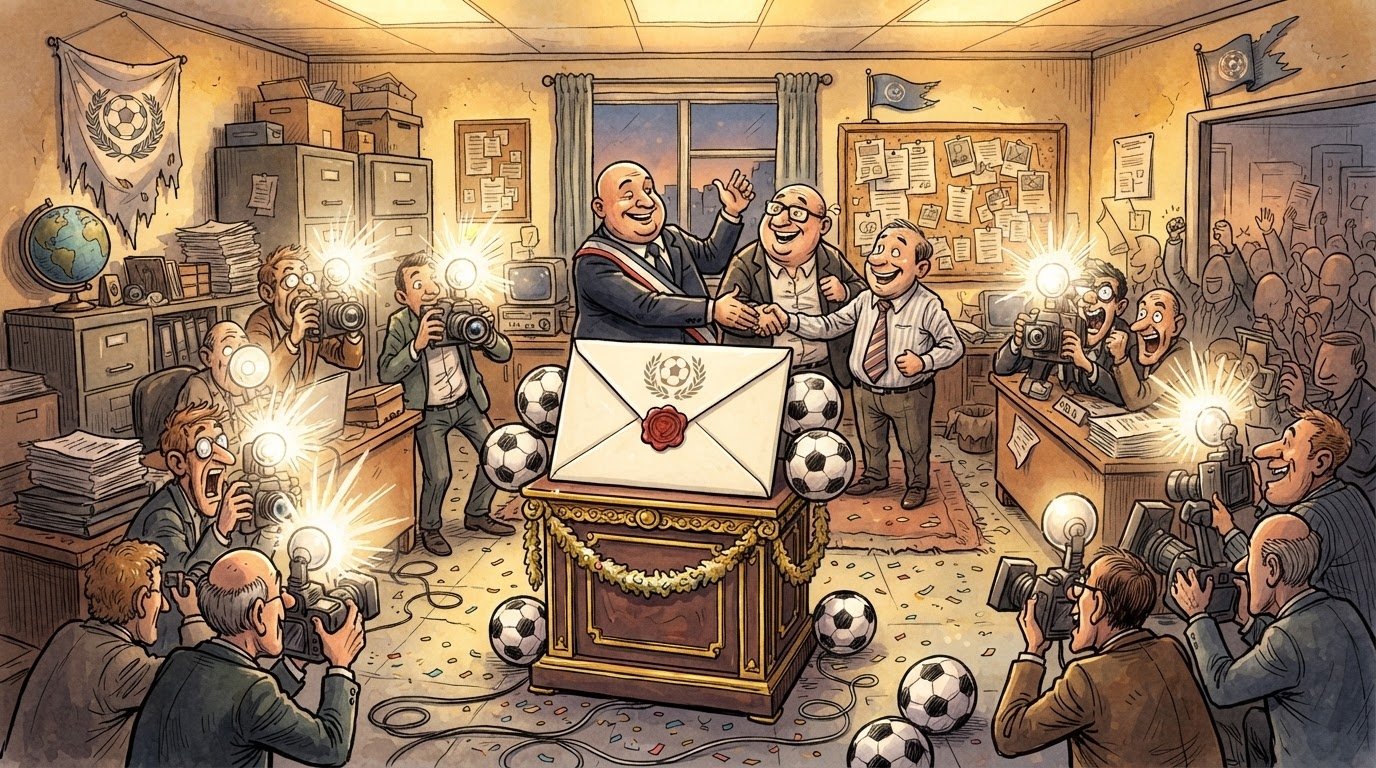 Zyrë federate futbolli me nje zarf gjigant te vendosur ne piedestal si trofe, rrethuar nga kamera dhe drita festive