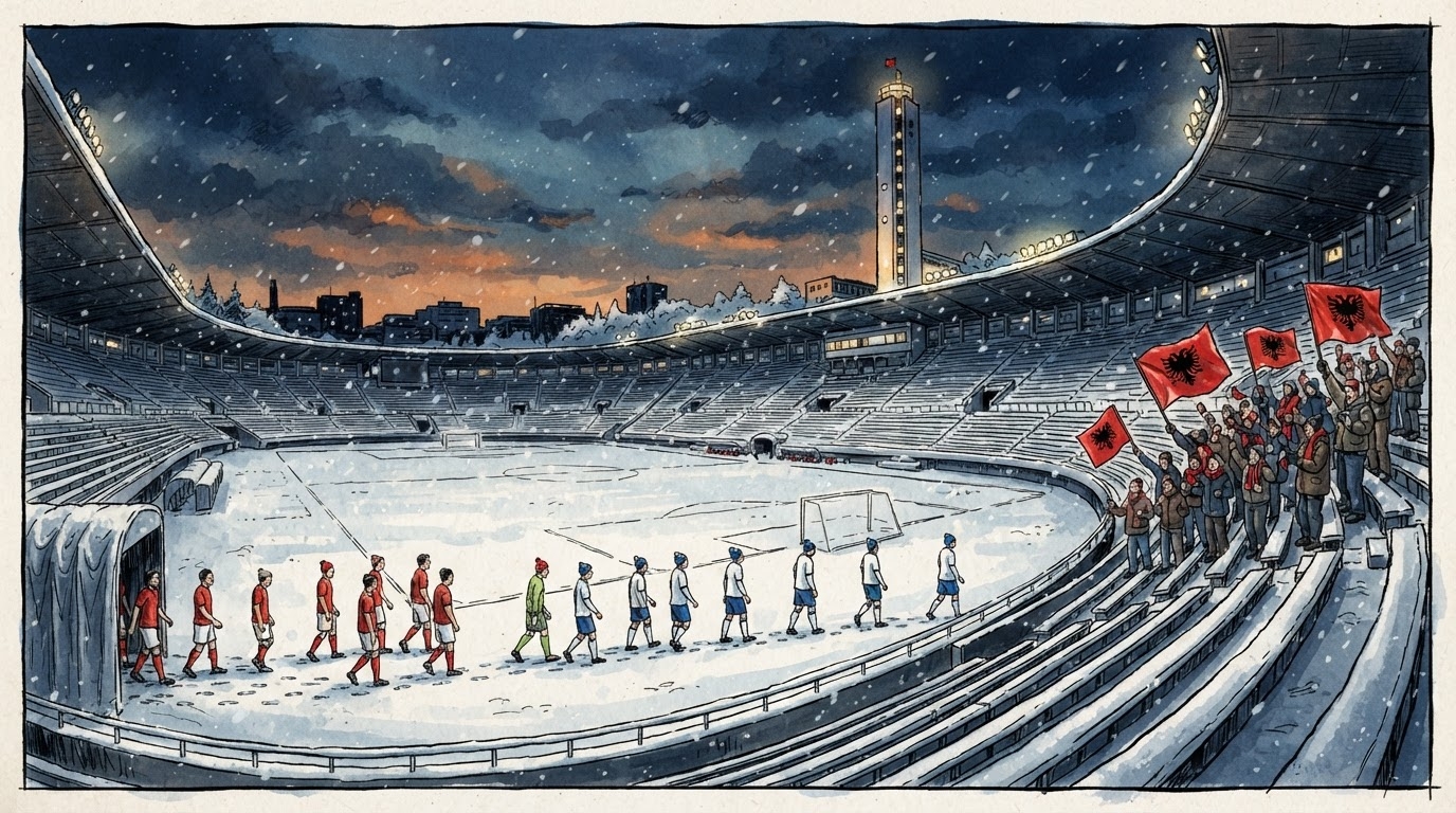 Stadium futbolli ne Helsinki me fushë të mbuluar nga dëbora e parë, tribunat me tifoze kuqezi, gol i shënuar në portë të kuqe, stil karikaturë pa tekst