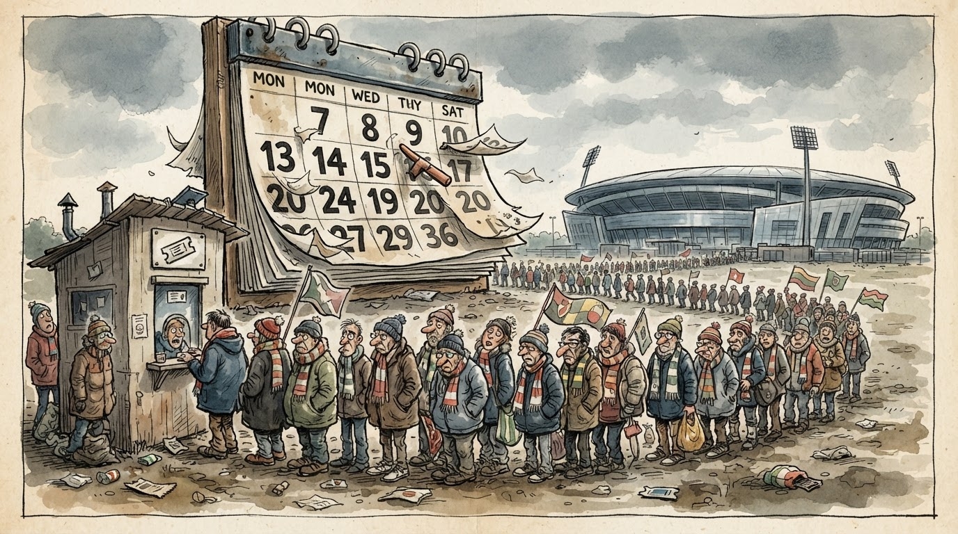 Radhë tifozësh para një sporteli biletash, stil karikaturë pa tekst