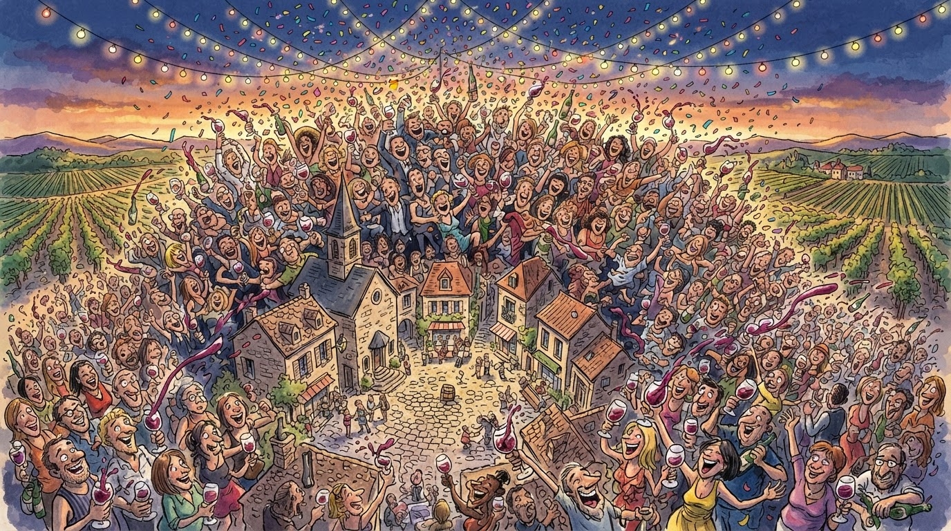Turmë gjigante festivali me gota vere duke mbytur një sheshi të vogël fshati, vreshta në sfond, konfeti dhe drita varëse