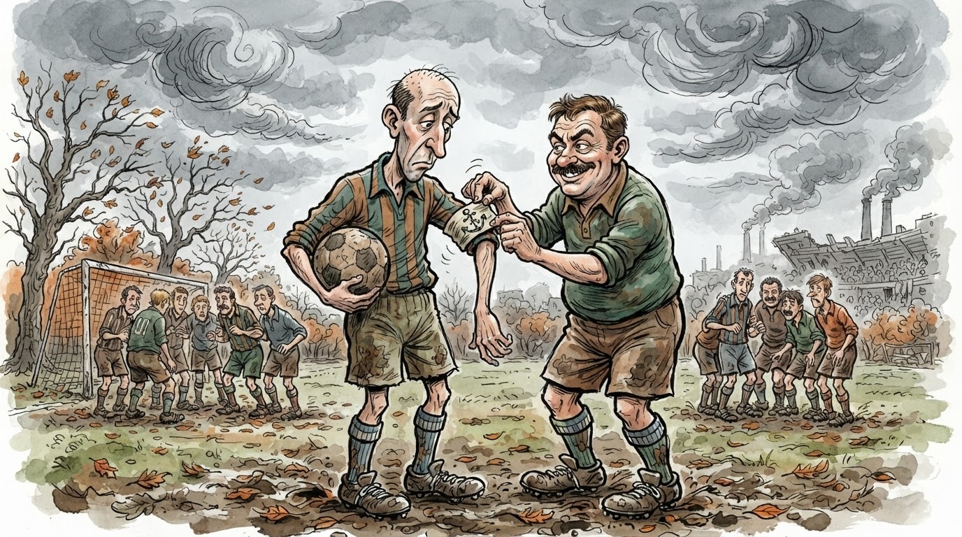 Dy futbolliste ne nje fushe stervitore, njeri me shirit te kuq ne krah dhe tjetri qe i jep doren, sfond stadium i mbushur me ngjyra kuq e zi, stil karikature pa tekst