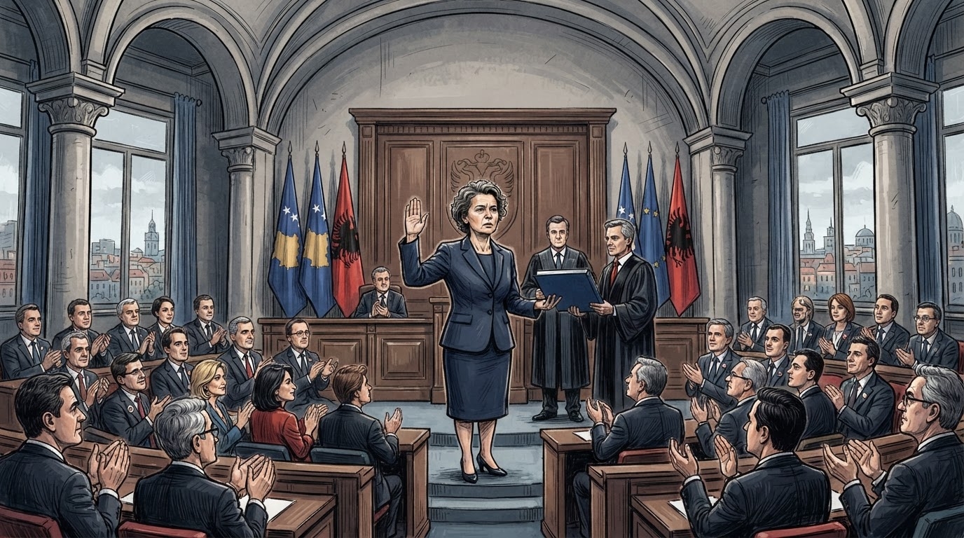 Ceremoni solemne ne sallen e Kuvendit te Kosoves me presidente grate ne podium duke bere betimin, flamuj kuq e zi ne sfond, delegacine diplomatike ne rreshtat e pare, stil karikature pa tekst