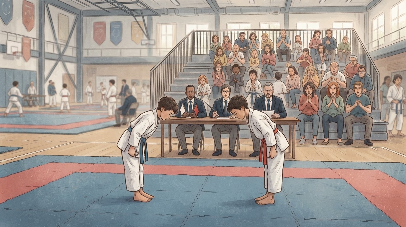 Dy karateistë në pozicion luftarak në një sallë sportive, tribunë me spektatorë, stil karikaturë pa tekst