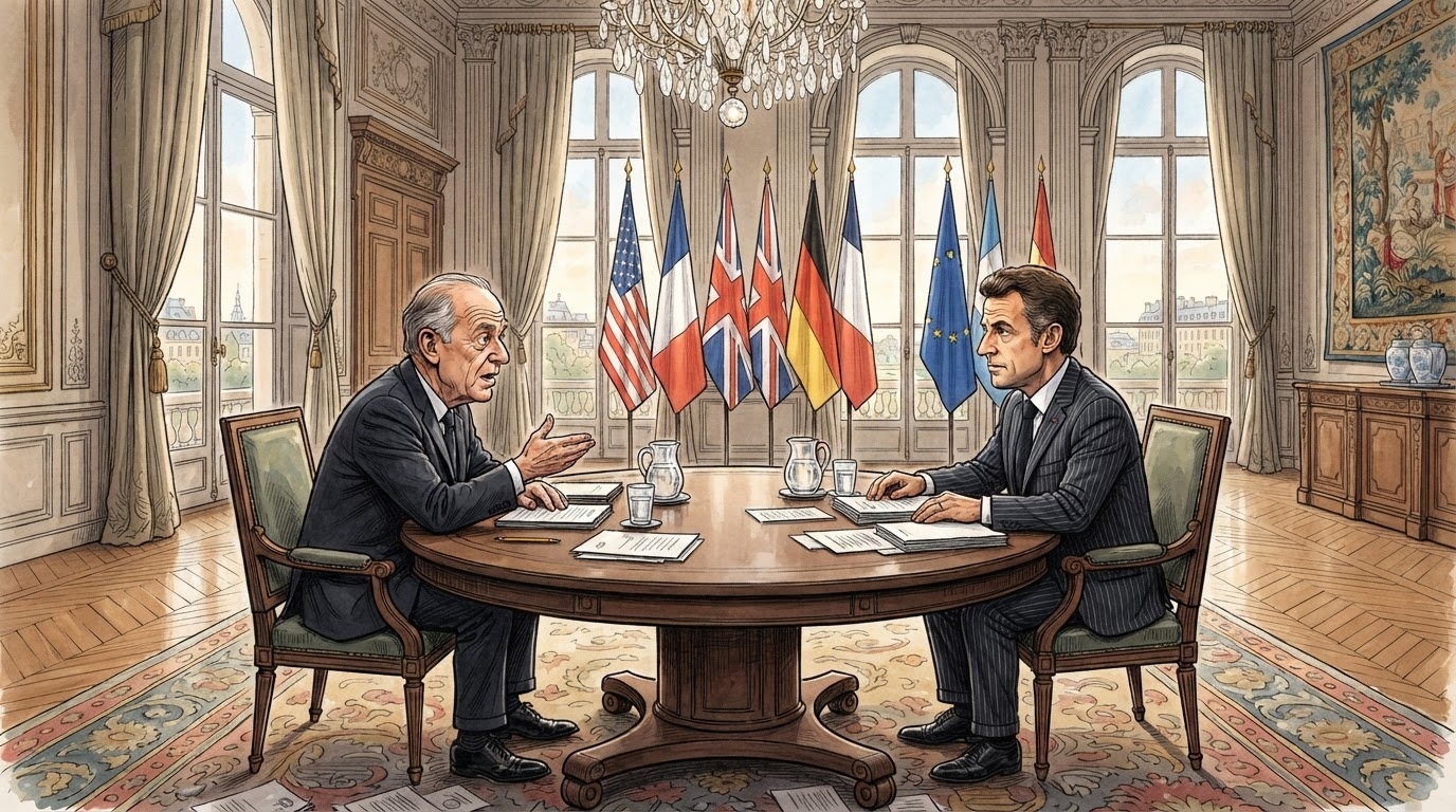 Pallat i Brigadave me flamuj kombëtarë, tryezë e rrumbullakët me shumë persona, stil karikaturë pa tekst