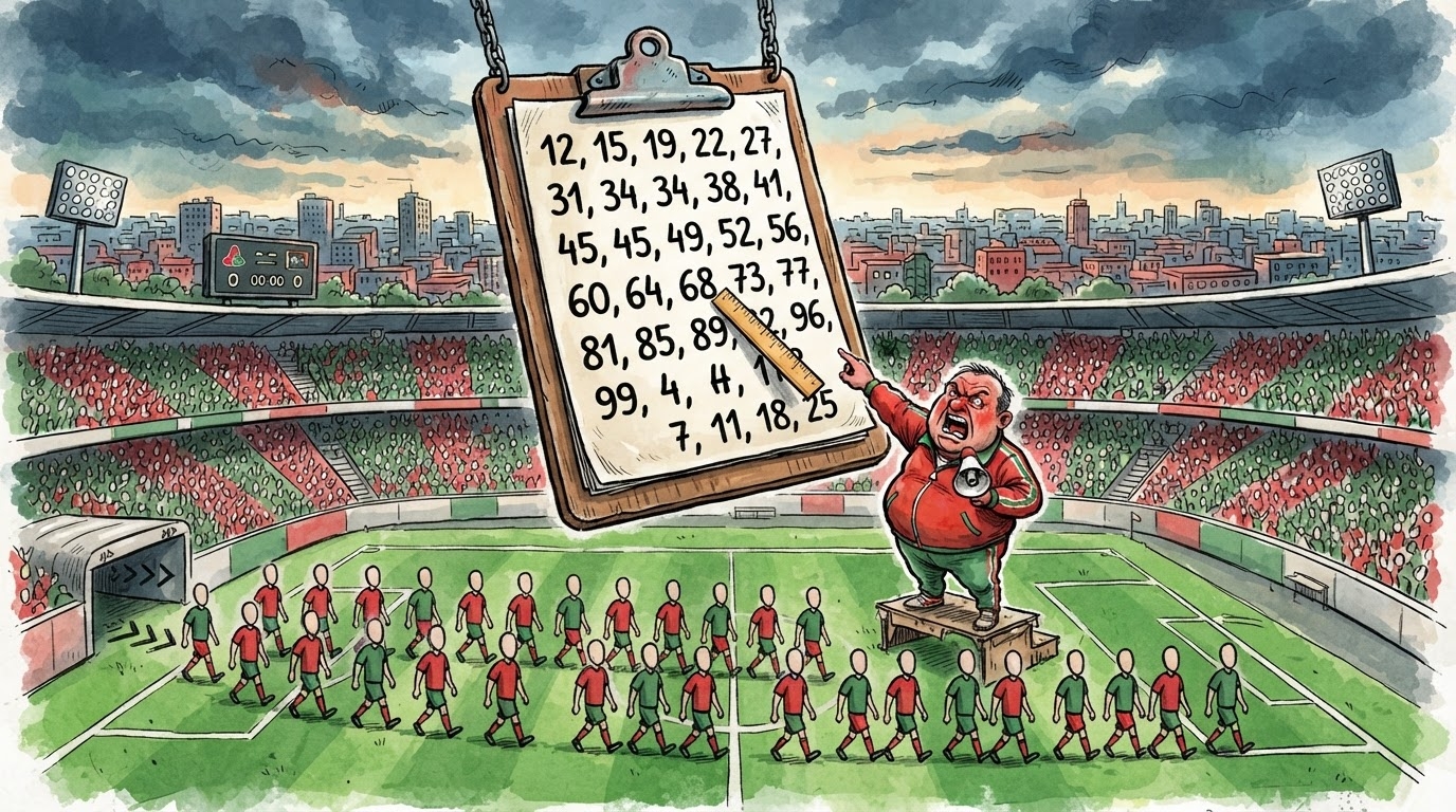 Trajner me megafon duke treguar listën e lojtarëve, silueta futbollistësh në formacion, stil karikaturë pa tekst
