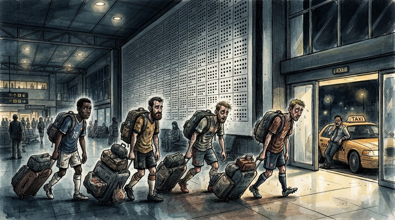 Lojtarë futbolli me valixhe përpara një kalendari gjigand, stil karikaturë pa tekst