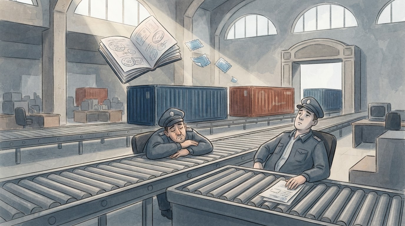 Pallat dogane me radhë të gjatë makinash, mallra të vendosura në rafte, stil karikaturë pa tekst