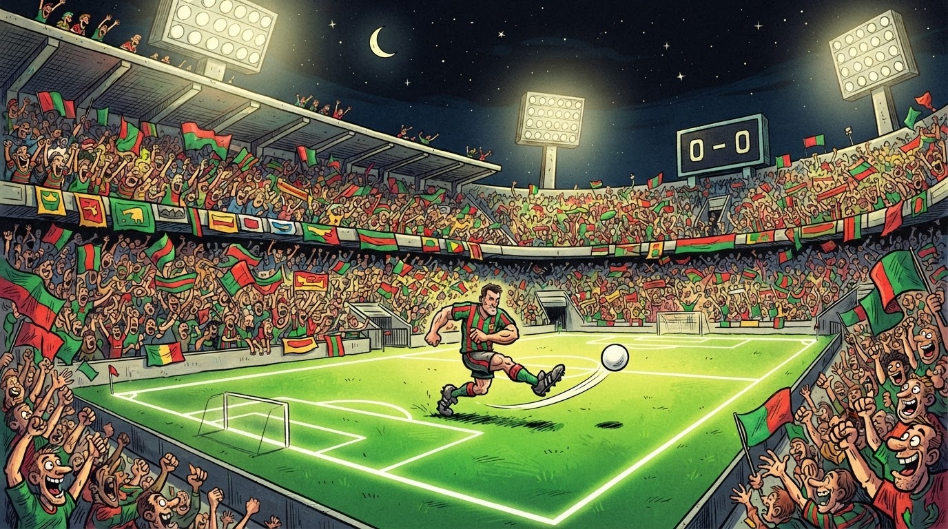 Stadium futbolli me fushë të gjelbër nën dritë, tribunë e mbushur me tifozë, stil karikaturë pa tekst