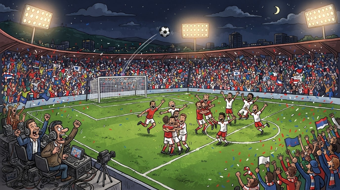 Stadium futbolli nën dritë natën, fushë e gjelbër me dy ekipe në formacion, tribunë plot me tifozë me flamuj, stil karikaturë pa tekst