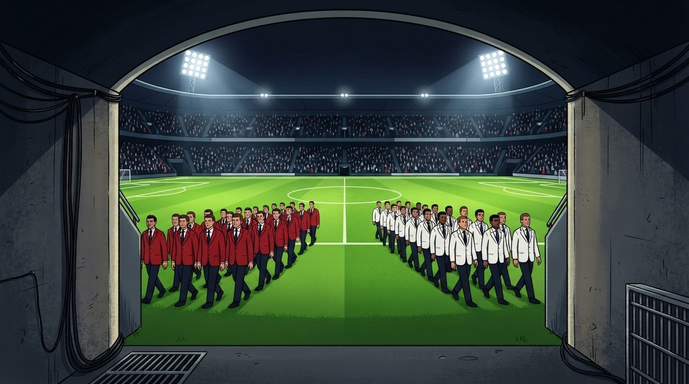 Stadium i madh futbolli nate me dy ekipe qe vijnë ne fushe, tribunat me pak tifoze, stil karikature pa tekst