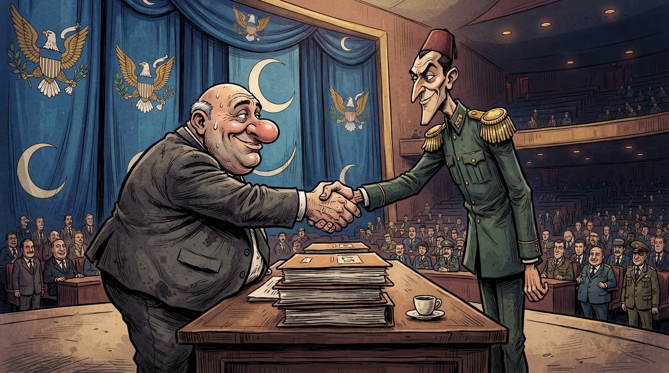 Dy përfaqësues që shtrëngojnë duar përpara një ekrani të madh blu, stil karikaturë pa tekst