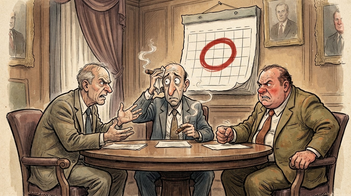 Tryeze e rrumbullaket me tre persona qe shtrengojne duar mbi nje kalendar me date 6 tetor te shenuar me te kuqe, stil karikature pa tekst