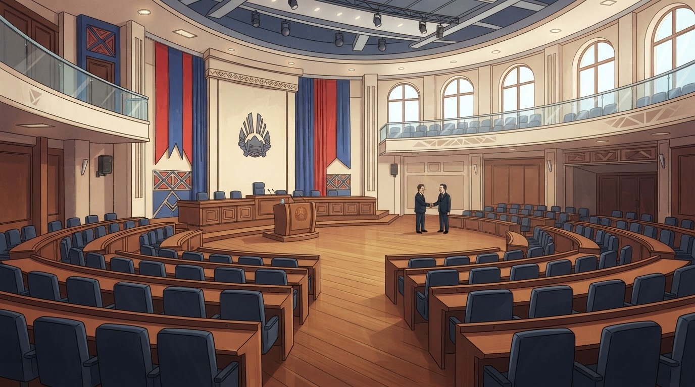 Sallë e Kuvendit të Kosovës me karrige të shumta bosh, podium bosh, dy deputetë që shtrëngojnë duar, stil karikaturë pa tekst