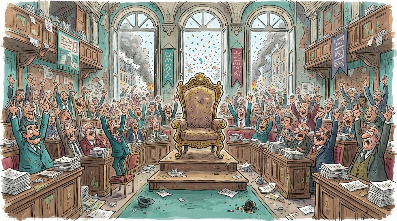 Sallë e Kuvendit të Kosovës me dhjetra deputetë që ngrenë dorën njëherësh për një votim unanim, jashtë në shesh turma me tym piruteknik, stil karikaturë pa tekst