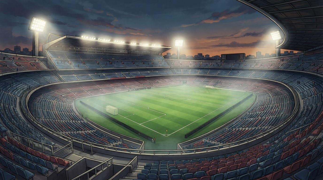 Stadium futbolli me tribuna gjysme te zbrazura ne muzg, karrige plastike bosh ne rradhe, drite reflektoresh te forta