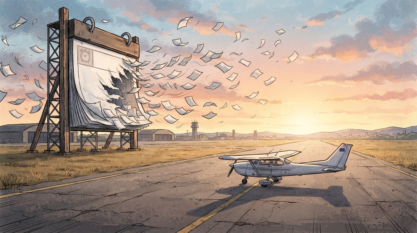 Aeroplan i vogel ne piste bosh ne agim me kalendar gjigant ne sfond