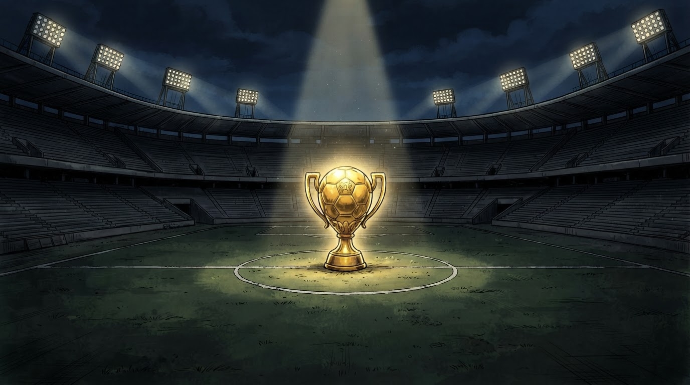 Trofe futbolli e madhe e ndriçuar në mes të një stadiumi bosh gjatë natës, me tribuna të errëta përreth