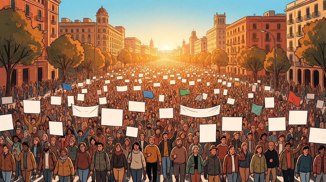 Turme e madhe qytetaresh ne bulevardin kryesor te Prishtines me banderola te bardha, diell i ndezur, stil karikature pa tekst