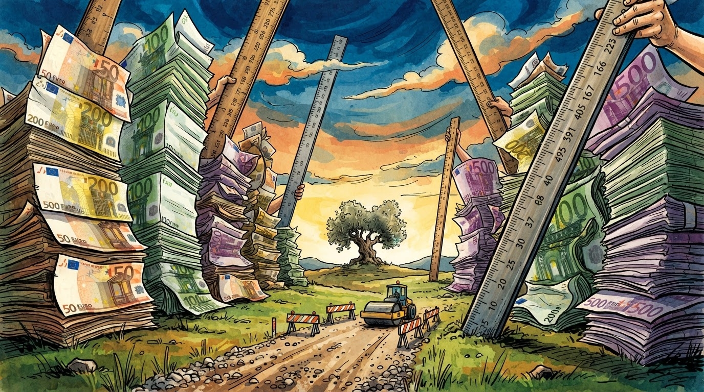 Rruge e gjate ne ndertim me makineri te rënda, panorame e gjere maleve te Veriut, tabela kilometrike gjigante me shifra te medha qe rriten, stil karikature pa tekst