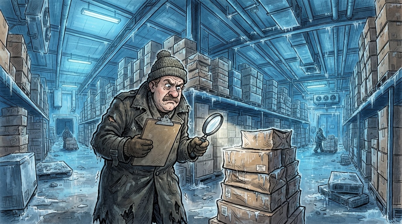 Depo frigoriferike industriale me kuti kartoni te grumbulluara, inspektor me xhup te gjate