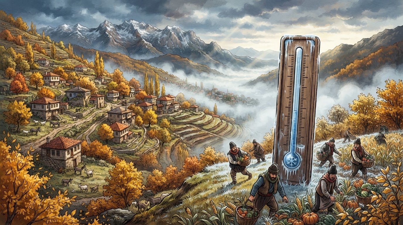 Fshat kosovar në mëngjes me mjegullë të dendur mbi luginë, fushë të mbjella me gjethe të verdha vjeshte, termometër gjigant që tregon -1°C, stil karikaturë pa tekst