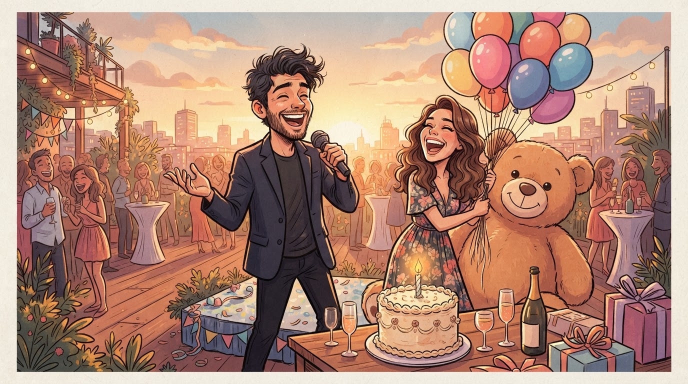 Terrase ne çati me çift te ri qe feston, mikrofon, balona, krem torta me qiri te ndezur, stil karikature pa tekst