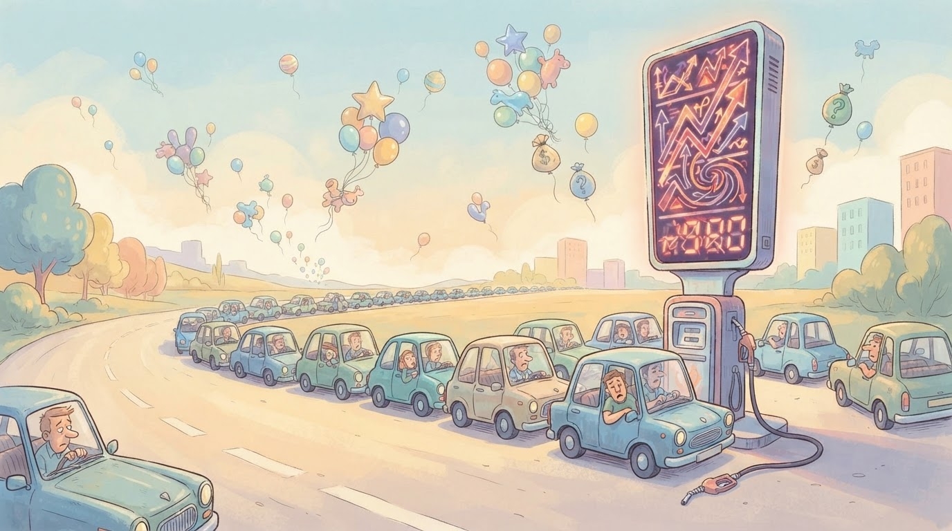 Pompë karburanti me çmime gjigante, turmë makinash në radhë, stil karikaturë pa tekst