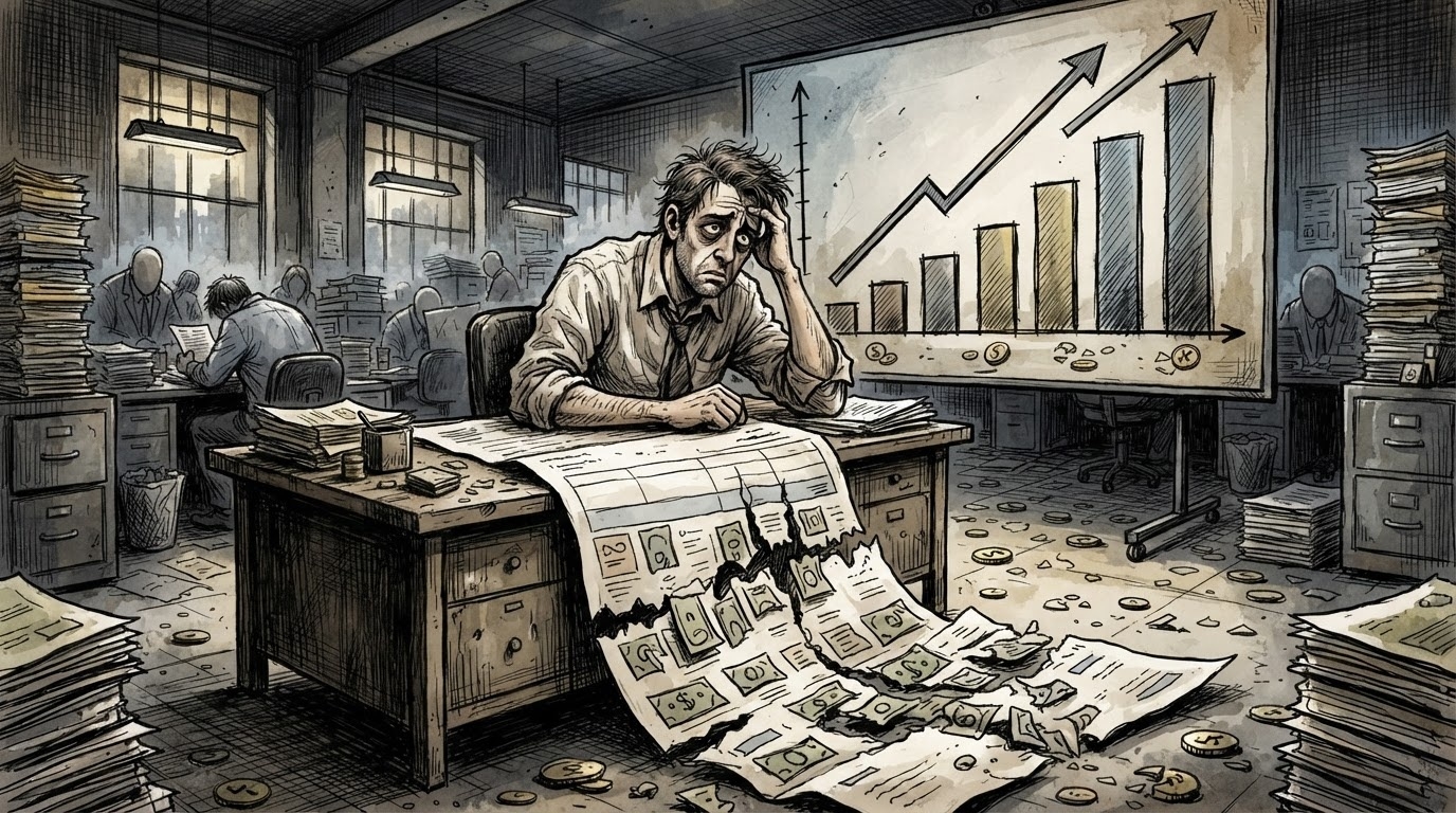 Punonjës që shikojnë një fletëpagesë gjigante me grafik rritjeje, stil karikaturë pa tekst