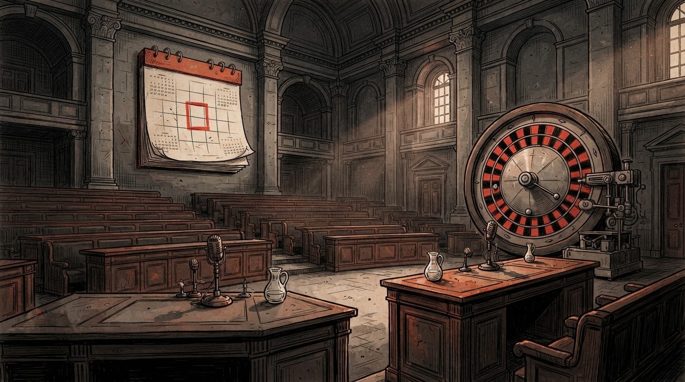 Sallë e Kuvendit me karrige te shumta bosh dhe nje kalendar gjigant me shume faqe te shenuara me te kuqe, stil karikature pa tekst