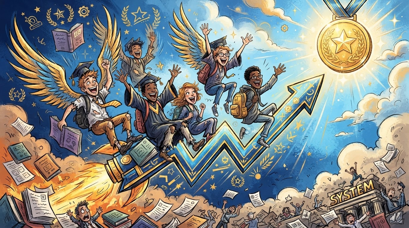 Nxënës që fluturojnë lart mbi një grafik në rritje