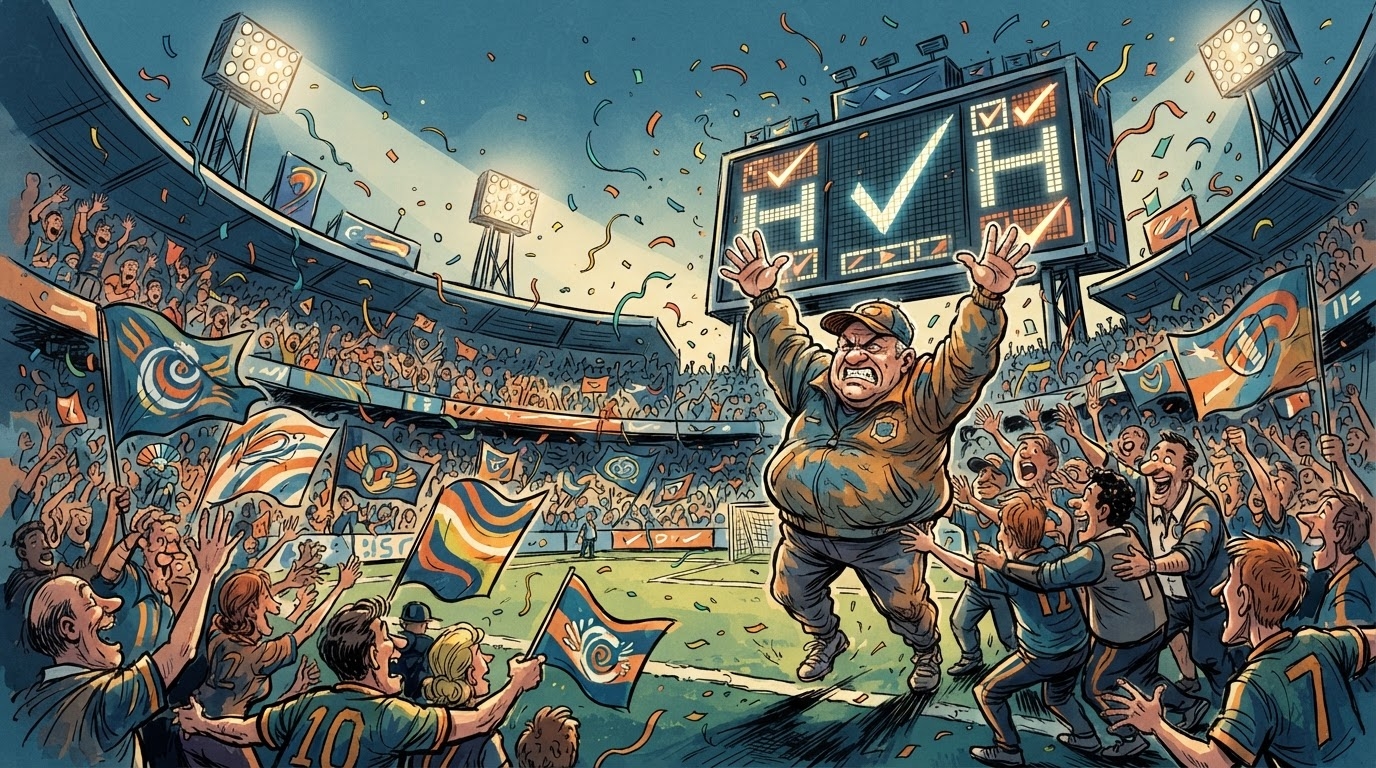 Stadium futbolli me drite reflektoresh ne muzg, tabele elektronike qe ndrit shenja fitoreje abstrakte, trajner duke festuar ne buzë të fushës